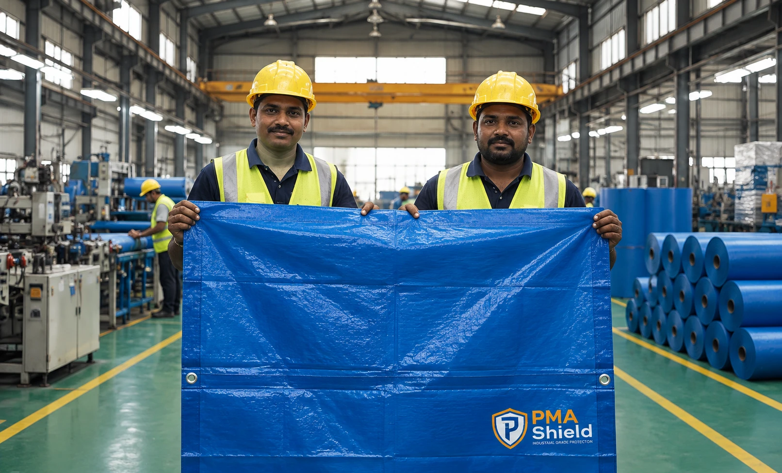 PMA Industries team members holding a finished PMA Shield tarpaulin on the factory floor
